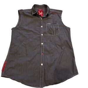 Marc Ecko Cut & Sew‎ Men's Sleeveless Plaid Button Down Shirt Medium Black Y2K